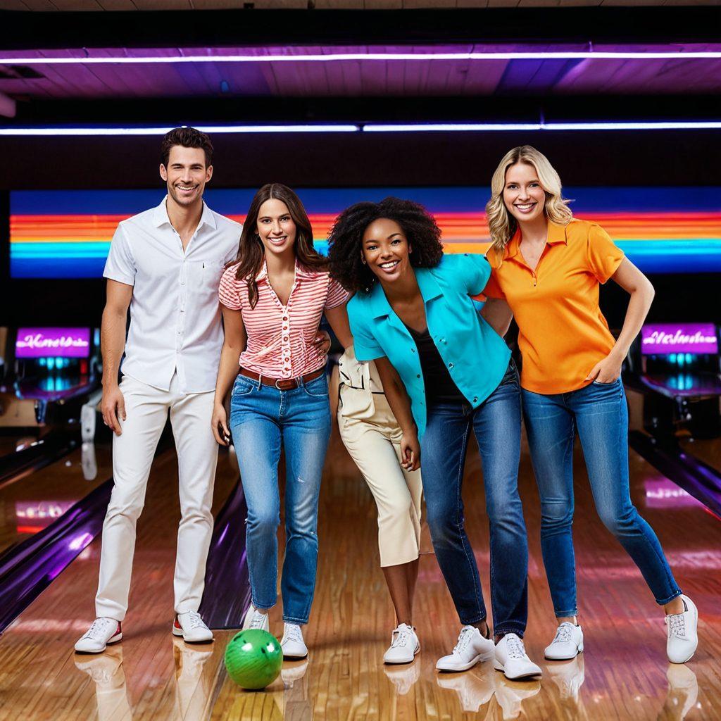 A dynamic scene featuring a diverse group of bowlers wearing stylish, colorful, and modern bowling apparel as they strike a perfect pose at a vibrant bowling alley. The background should showcase neon lights, bowling pins cascading down, and a stylish bowling ball in motion. Capture the excitement and camaraderie among friends sporting trendy accessories. super-realistic. vibrant colors. dynamic lighting.