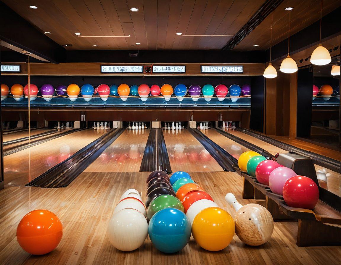 A stylish bowling alley featuring elegant decor, with retro bowling pins and modern shoes arranged artfully. A diverse group of bowling enthusiasts in fashionable attire, joyfully playing and posing with their unique bowling balls. The ambiance should be warm and inviting, showcasing a blend of vintage charm and contemporary aesthetics. Bright neon lights contrast with soft wood tones to create a welcoming atmosphere. super-realistic. vibrant colors.